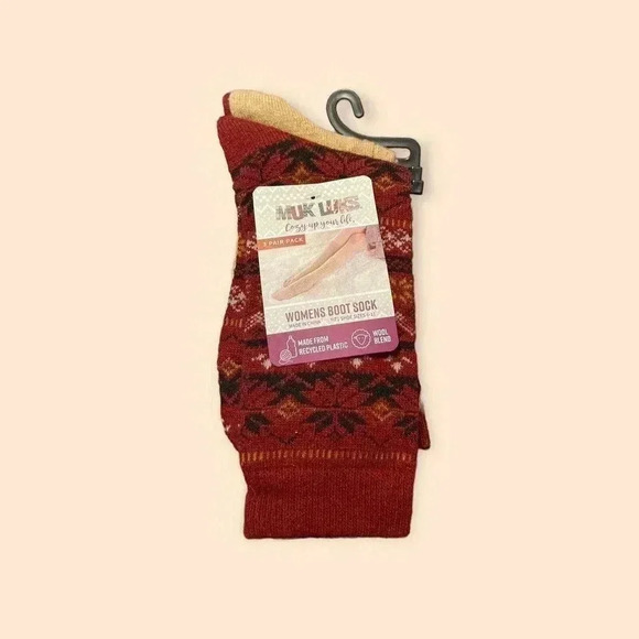 Muk Luks Womens Boot Socks Pack of 3 Burgundy, Tan & Black Size 6-11 Wool Blend - Picture 1 of 2